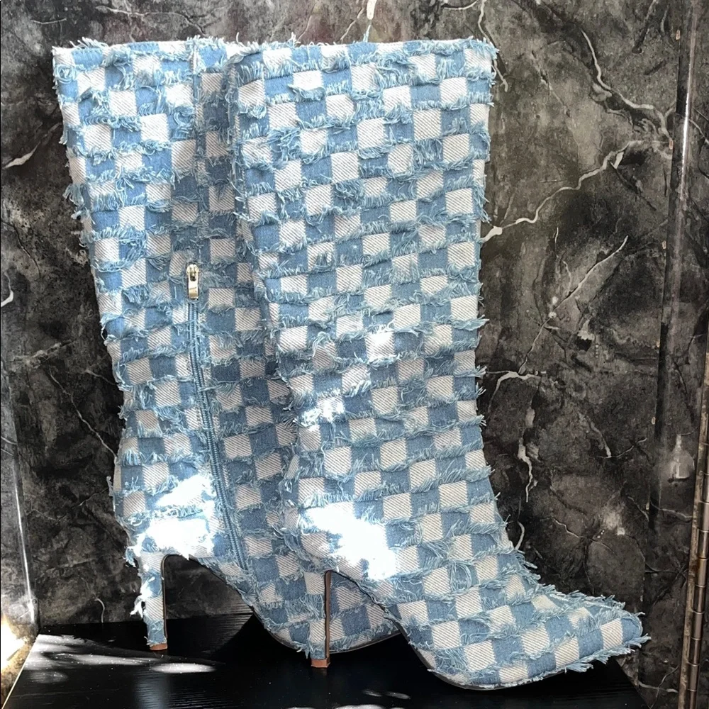 Blue and White Checkered Knee-High Boots - Picture 1 of 8